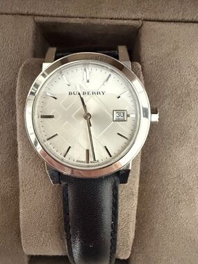 Burberry Silver Dial Black Leather Strap Watch